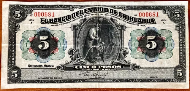 1913 Mexico 5 Pesos Bank Note with Extremely Low Serial Number of 000681