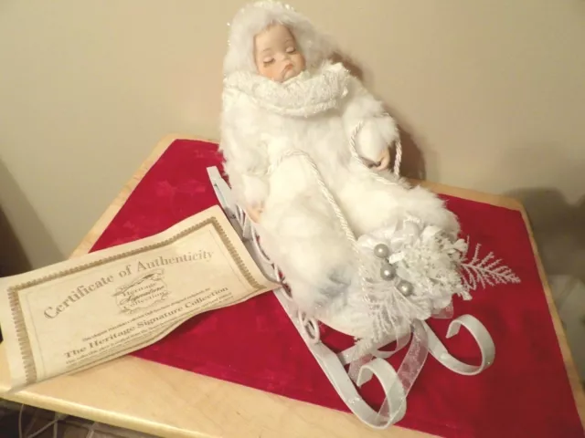 Heritage Doll w/sleigh Signature Collection Doll Porcelain New great 10"