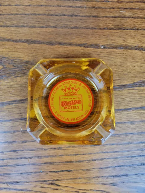 Western Motels Glass Ashtray Vintage Advertising Yellow Amber Small Nice!