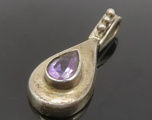 925 Sterling Silver - Vintage Amethyst Dark Tone Tear Drop Pendant - PT10536