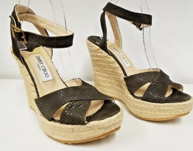 NEW JIMMY CHOO Phoenix Brown Embossed Leather Ankle Strap Espadrille - Size 40