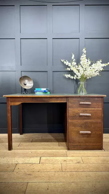 Vintage Antique Military Oak Desk  / Leather Top Office Desk