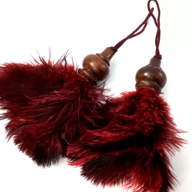 Vintage Red Genuine Feather  Drapery Curtain Tassels Tie Backs Set of 2 No 4