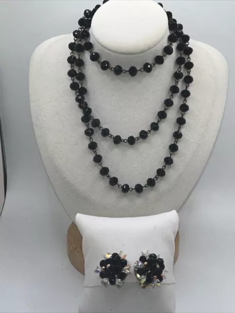 Vtg Black Faceted Bead Necklace Black Bead AB Crystal Cluster Clip Earring Duo