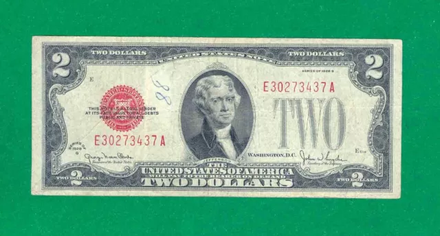 $2 1928-G 1 E/A Block Red Seal United States Note Circ.