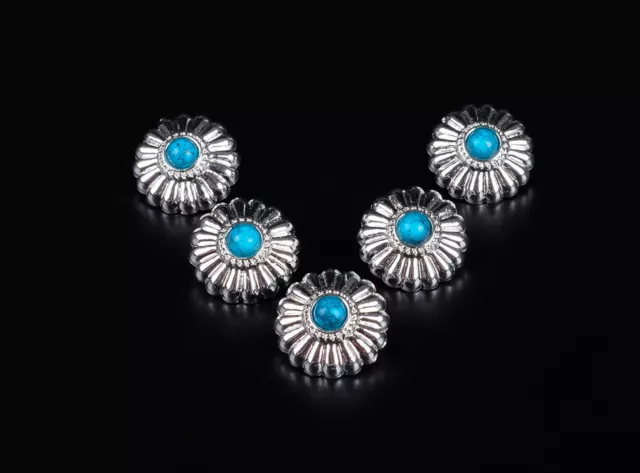 10Pc 16Mm Western Floral Turquoise Bling Sliver Boot Wallet Conchos Screwback