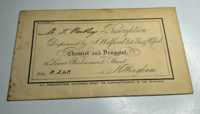 Antique Pharmacy Prescription Envelope A Whitford Lower Parliament St Nottingham