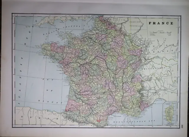 Old 1892 Cram's Atlas Map ~ FRANCE~ (LG13x17) -#985
