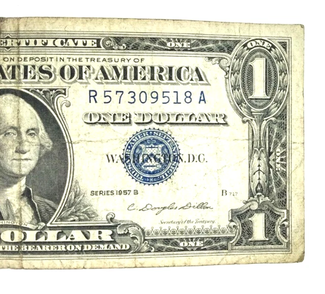 One Dollar Silver Certificate with Blue Seal Series 1957B in Protective Sleeve 3