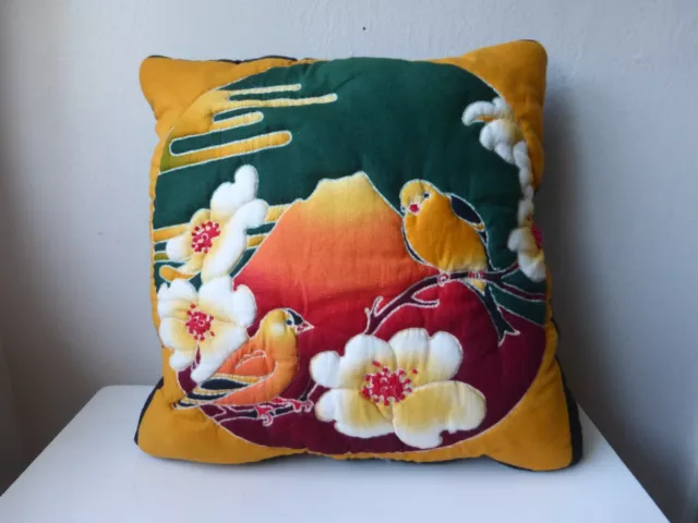 Vintage Handmade decorative quilted  pillow with Bird, Mountain and Flowers