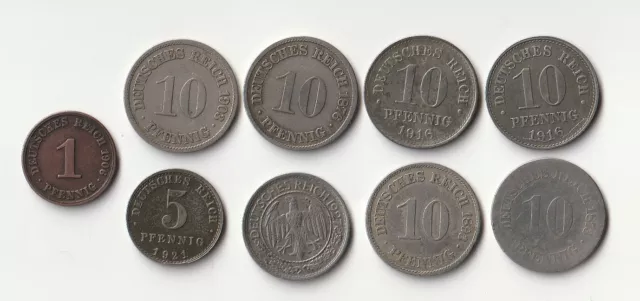 Job Lot 9 Germany Coins, 6 X 10 PHENNIG 1 X 50, 1X5, 1 X 1, 1800'S /1900'S