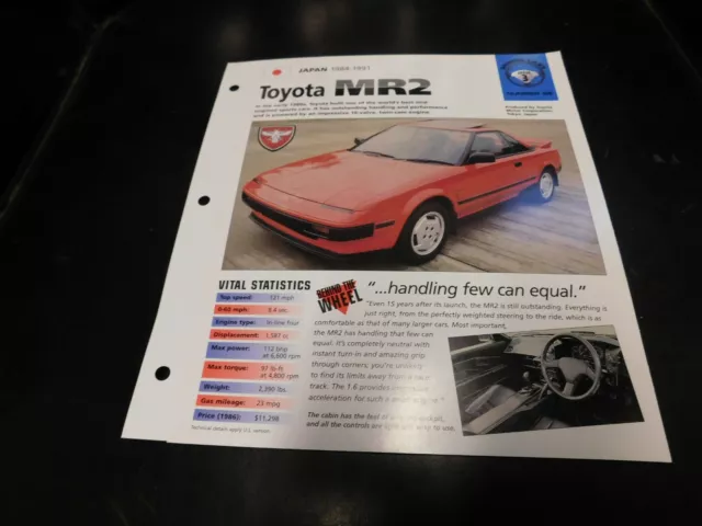 1984-1991 Toyota MR2 Spec Sheet Brochure Photo Poster 90 89 88 87 86 85