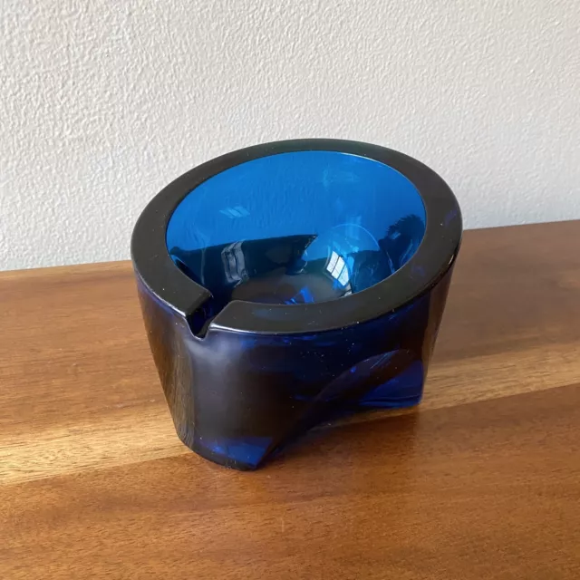 Vintage MCM Viking Glass Cobalt Blue Slant Atomic Orb Tripod Ashtray Mid Century