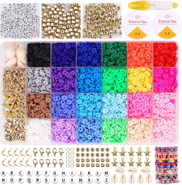 7200 Clay Beads Bracelet Making Kit 24 Colors Spacer Flat Beads for Jewelry Maki