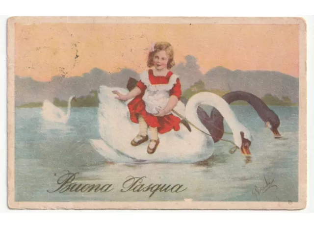 1931 Antique Card Happy Easter River Little Girl Swan White Black