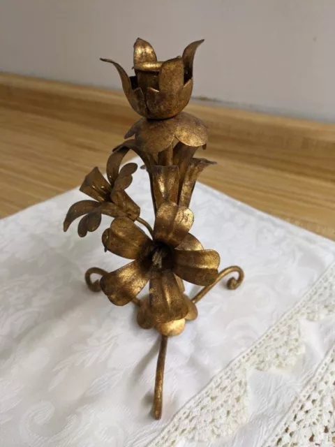 Vtg. Florentine, Italy, gold leaf over metal flower; 3 legged candletick single.