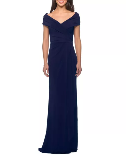 La Femme Navy Blue Ruched Off The Shoulder Jersey Column Gown Size 10 $348