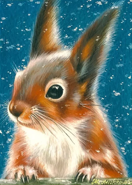 Limited Edition ACEO PRINT Squirrel Winter Wildlife  Winter Forest M. Mishkova