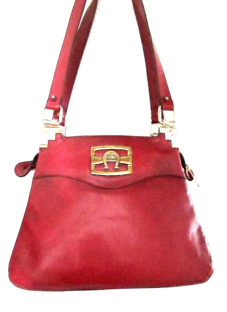 Etinne Aigner 60's-70's Heavy Oxblood Leather Bag Lg Brass Logo Divided 12" Drop