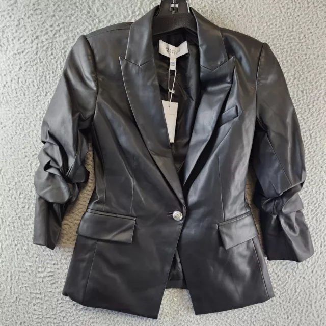 Derek Lam 10 Crosby Ruched Sleeve Faux Leather Jacket Women's 00 Black Solid