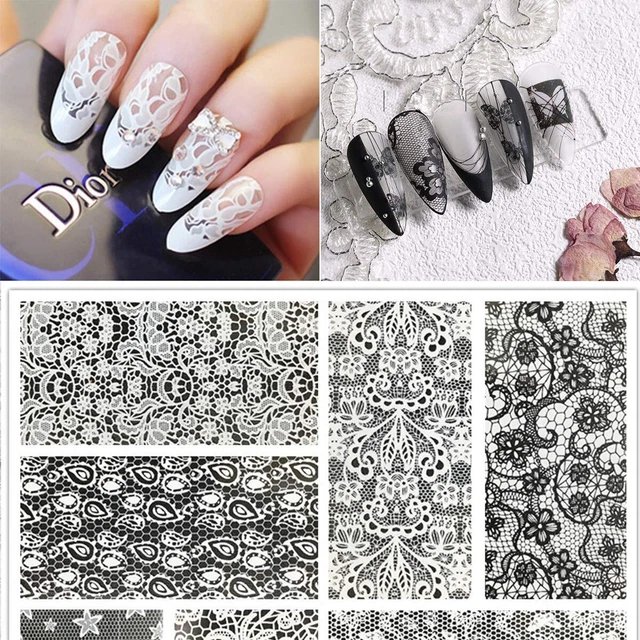 40 Sheets Lace Nail Art Foil Transfer Stickers, Black White Retro Design