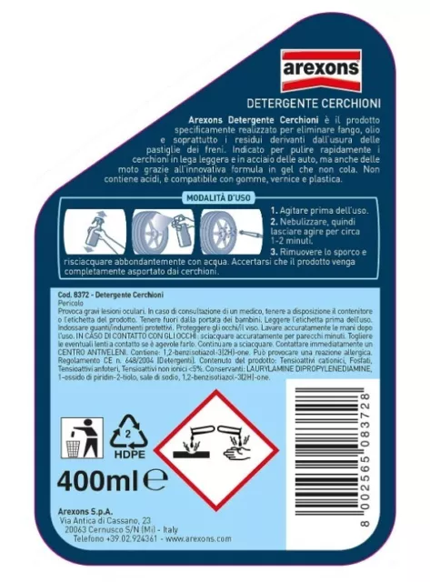 Arexons Detergente Cerchioni 8372 2 PEZZI X 400ml pulisci cerchi in lega e accia 2