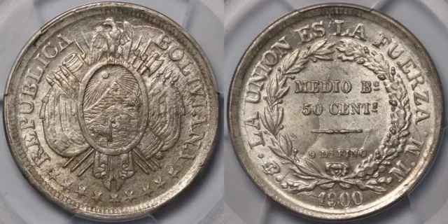 PCGS MS64 Bolivia 1900-PTS MM 50 Centavos KM#161.5 Unc Silver Coin Equal Top Pop