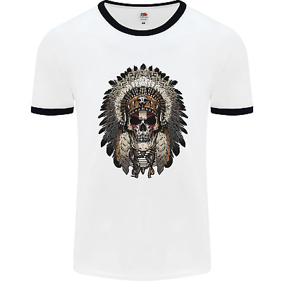 Native American Indian Skull Headdress Mens White Ringer T-Shirt