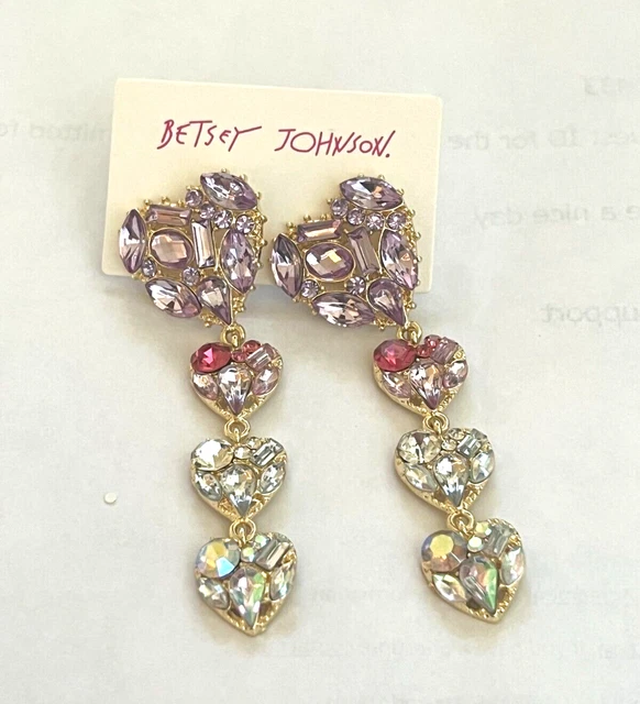 Betsey Johnson Gold Tone Rhinestone Hearts Drop Stud Earrings