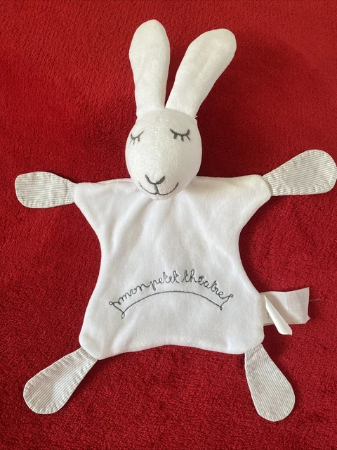 🇫🇷Doudou Plat Lapin Blanc Gris Taupe Mon Petit Théâtre 4 Nouettes DPAM NEUF