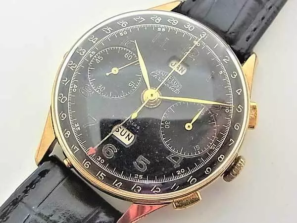 ANGELUS Chrono Date Manual Winding Black Gold GP Leather Analog Mens Antique 252