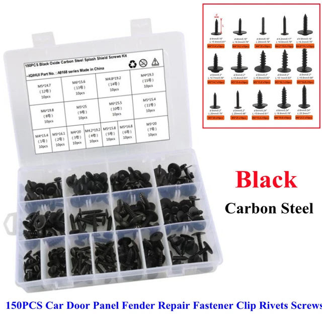 150PCS 15-Size Car Door Panel Fender Repair Fastener Clip Rivets Screws Black