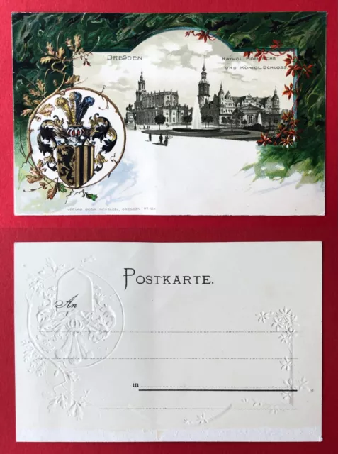 Prägedruck Litho AK DRESDEN um 1900 Heraldik Stadt Wappen Stadtansicht  ( 107366