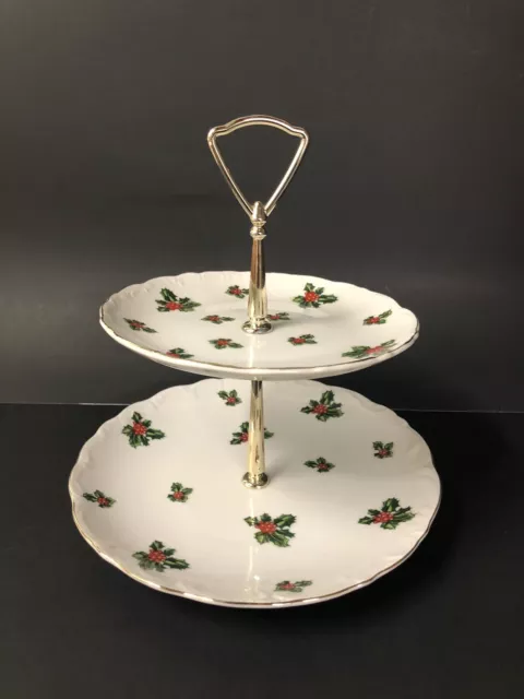 Vintage Lefton China 2 Tier Tidbit Serving Tray 7954 Holly Berries Holiday Plate