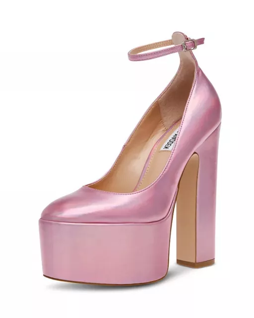 Steve Madden Skyrise Pink Iridescent Block Heel Almond Toe Ankle Strap Pumps