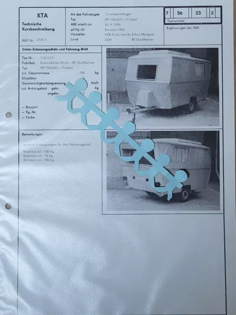 Anhänger Campinganhänger Wohnwagen Friedel HP 700.83 /3 KTA Vorlage f. Zulassung