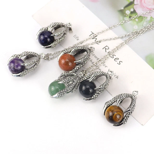Men Dragon Claw Punk Rock Round Ball Gemstone Healing Crystal Pendant Necklace*