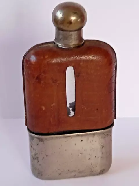Antique Brown Leather &  Silver Plated Hip Flask
