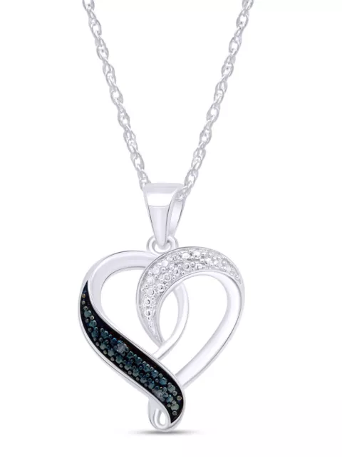 Heart Shape Pendant White & Blue Real Diamond Accents Sterling 18" Necklace