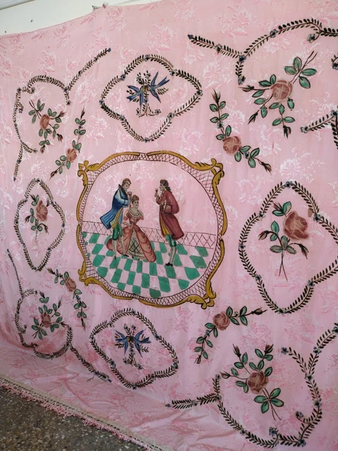 vintage french hand painted silk bedspread or wall hanging panel item476
