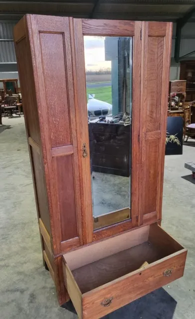 Antique Edwardian oak single wardrobe mirrored door drawer bracket feet bedroom 3