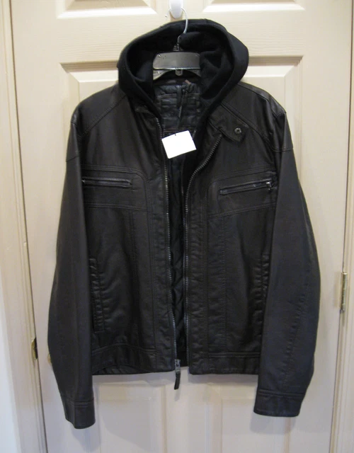 NU CALVIN KLEIN Mens DARK BROWN Jacket W/ HOOD Full Zip Up Faux Leather MED/ NWT