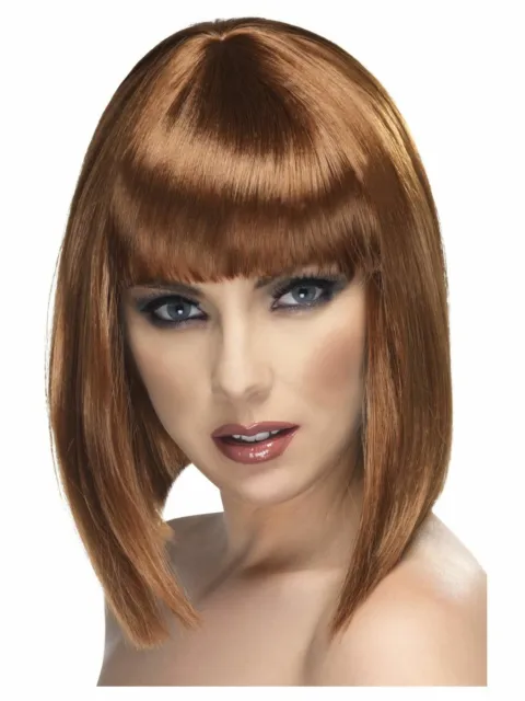 Smiffys Glam Wig Short Blunt with Fringe - Brown