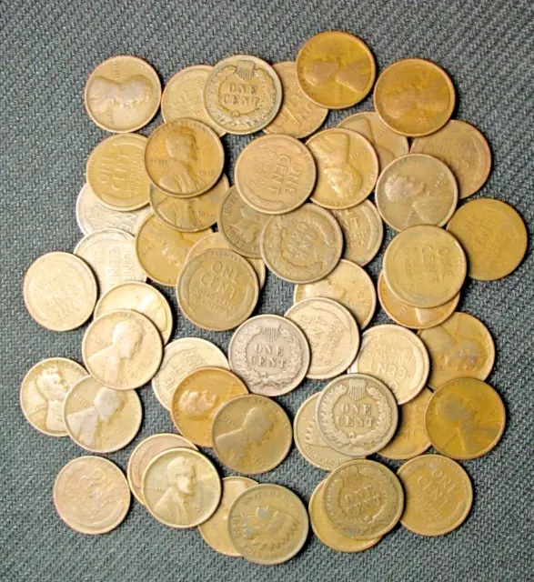 1 Roll (50) Indian Head & Teen Wheat Pennies 1800-1919 Pds Old Coin Lot