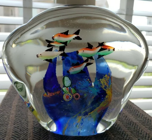 Italian Art Glass Fish Tank 6 Fish Aquarium Sculpture 7" Wide Murano Style