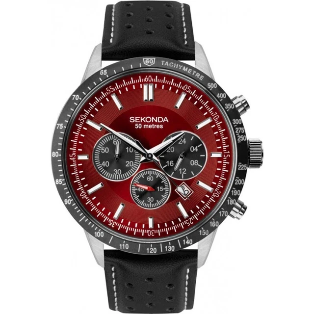 Sekonda Gents Watch Leather strap Chronograph Red Dial 1938 RRP £89.99