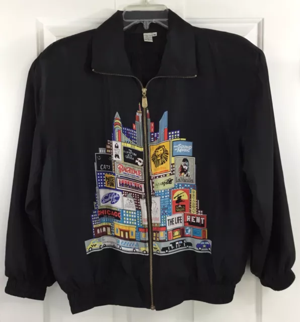 Vintage 90s NY Musicals FUDA International Silk Bomber Jacket Black Women’s Sz M