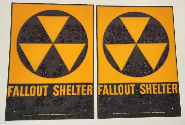 Vtg 1950s-60s Reflective Fallout Shelter Galvanized Steel 10"x14" Lot of 2 Signs