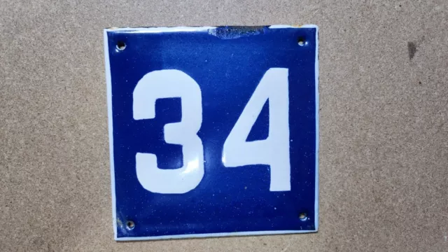 Vintage Enamel Sign Number 34 Blue House Door Street Plate Metal Porcelain Tin