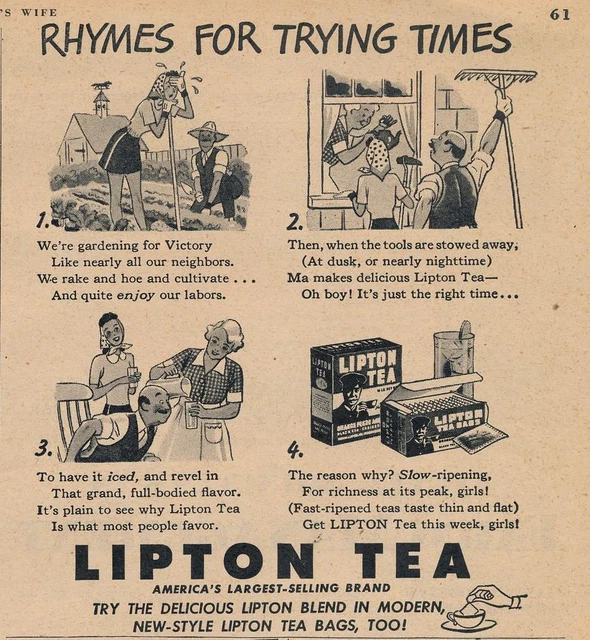 Magazine Ad - 1943 - Lipton Tea - World War 2 - Rhymes - (#1)